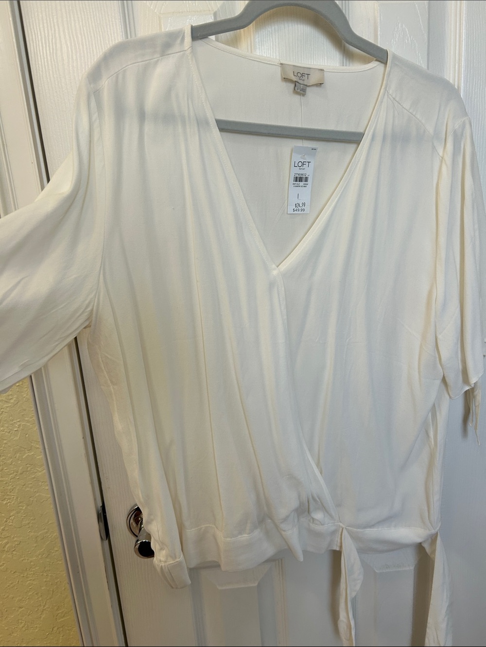 LOFT Cream Wrap-Front Tie Blouse